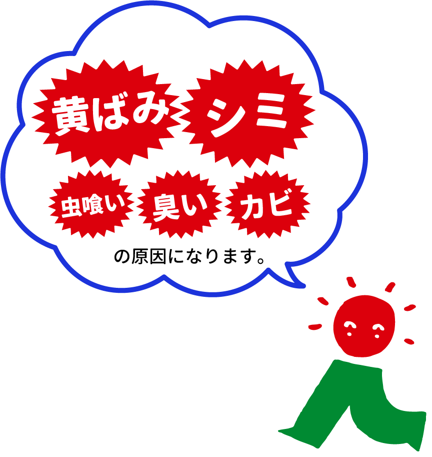 黄ばみ、シミ、虫食い、臭い、カビの原因になります。