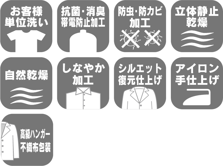 お客様単位洗い、抗菌・消臭帯電防止加工、防虫防カビ加工、立体静止乾燥、自然乾燥、しなやか加工、シルエット復元仕上げ、アイロン手仕上げ、高級ハンガー不織布包装