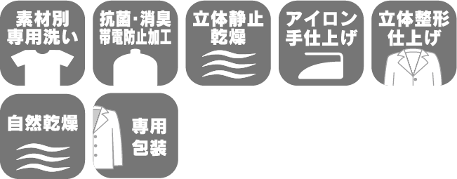 素材別洗い、抗菌・消臭帯電防止加工、立体自然乾燥、アイロン手仕上げ、立体整形仕上げ、自然乾燥、専用包装